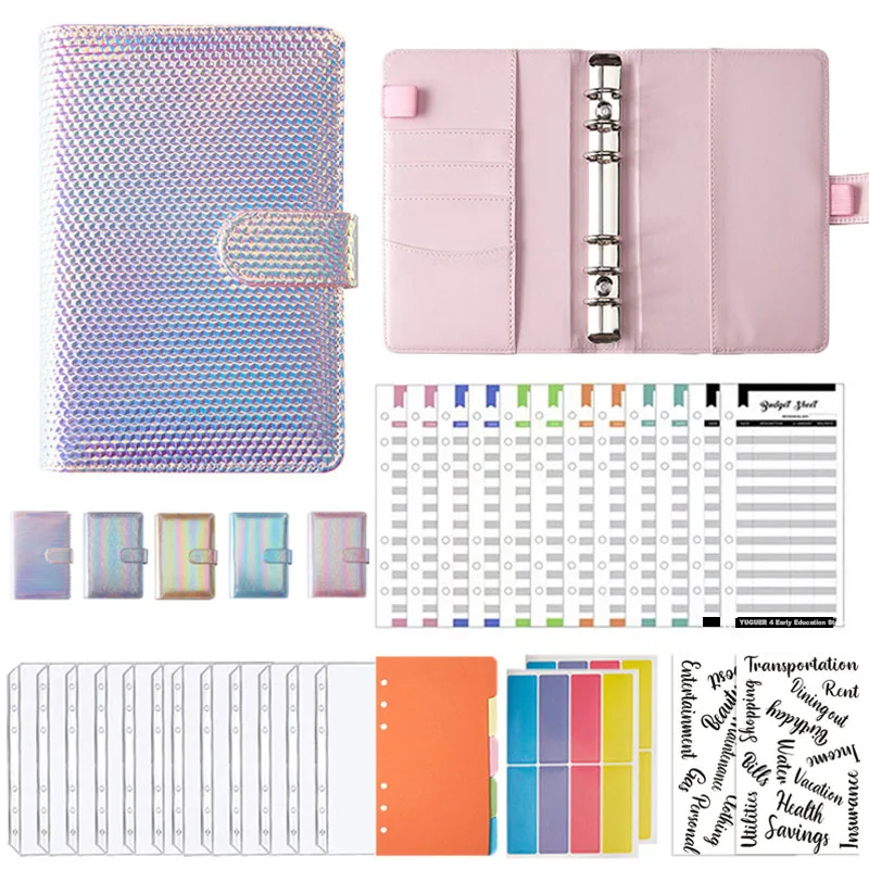 2022 A6 Binder Budget Planner Notebook Bronzing Covers Folder 6 Hole Binder Pockets Plastic Binder Zipper Money Saving En