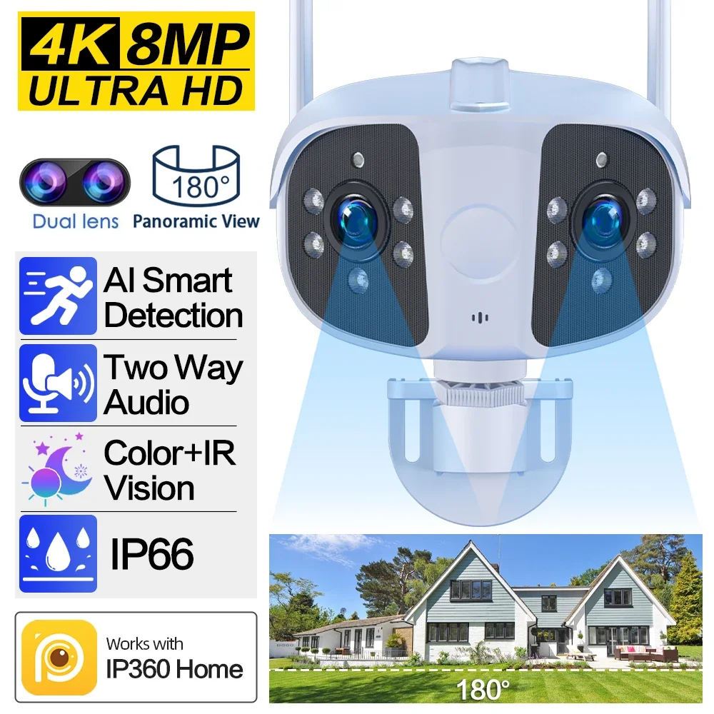 

New Outdoor 4K 8MP 180° Ultra Wide View Angle Panoramic WIFI Dual Lens Fixed IP Camera AI Human Detection Security Camera