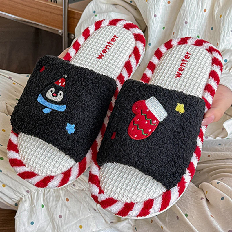 Cute Cartoon Embroidery Linen Slippers Women 2025 Korean Non Slip Home Slippers Woman Open Toe Soft Sole Indoor Slides Female