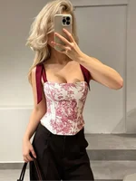 Haut Corset Sexy Femme Style Français Vintage Imprimé Floral avec Bretelles Nœud Papillon Col Carré Ajusté Rouge et Blanc Coupe Courte Tenue de Soirée Automne 2026 6