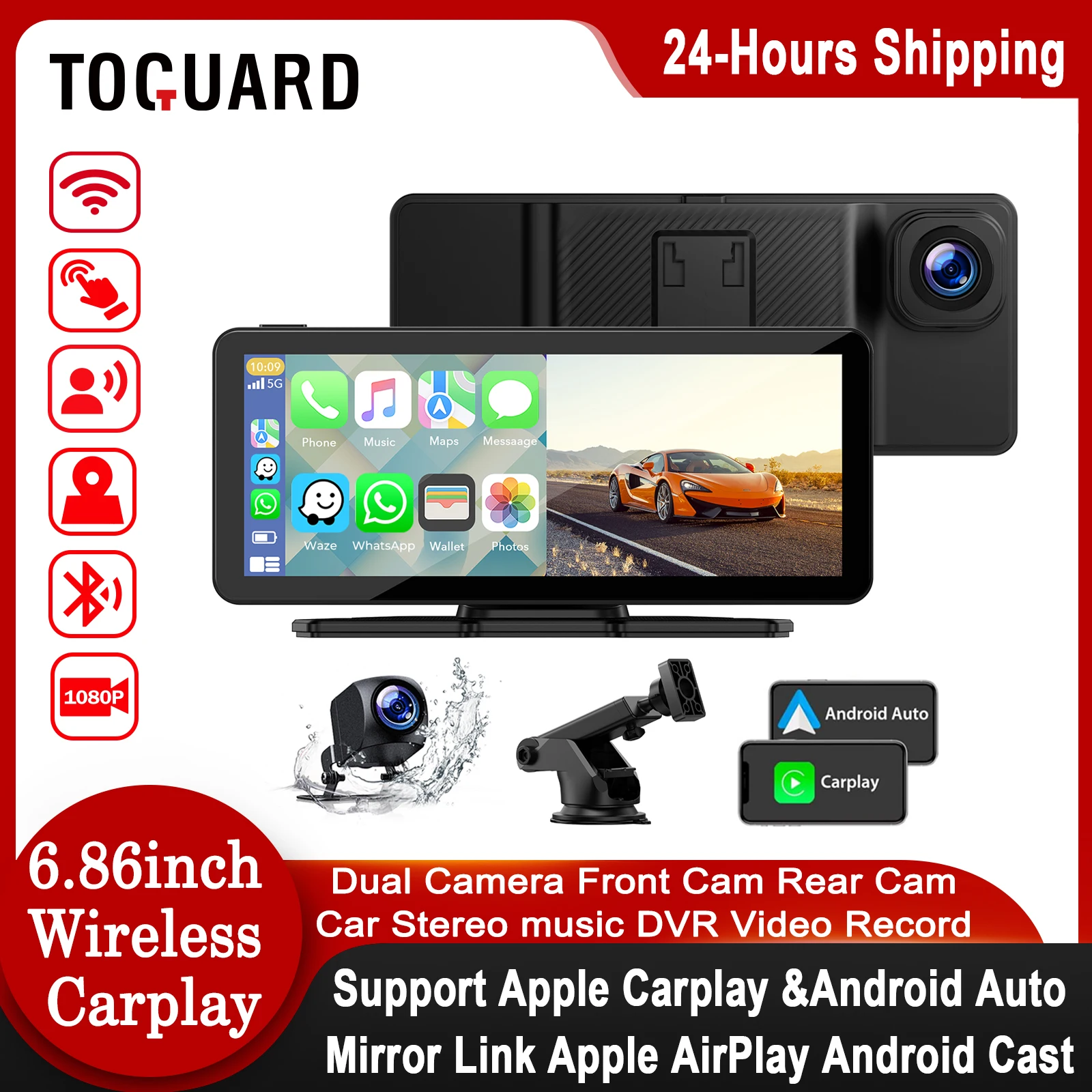 Toguard 6.86 ''Car Play Monitor Wireless Carplay Android Auto Car Dvr Wifi Bt Mirror Link Car Stereo Music Player Gps Con Posteriore