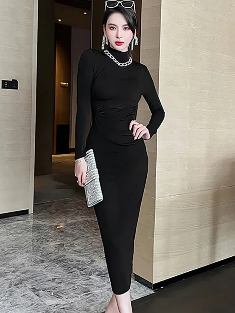 2025 Purple Velvet Bodycon Turtleneck Long Dress Women Solid