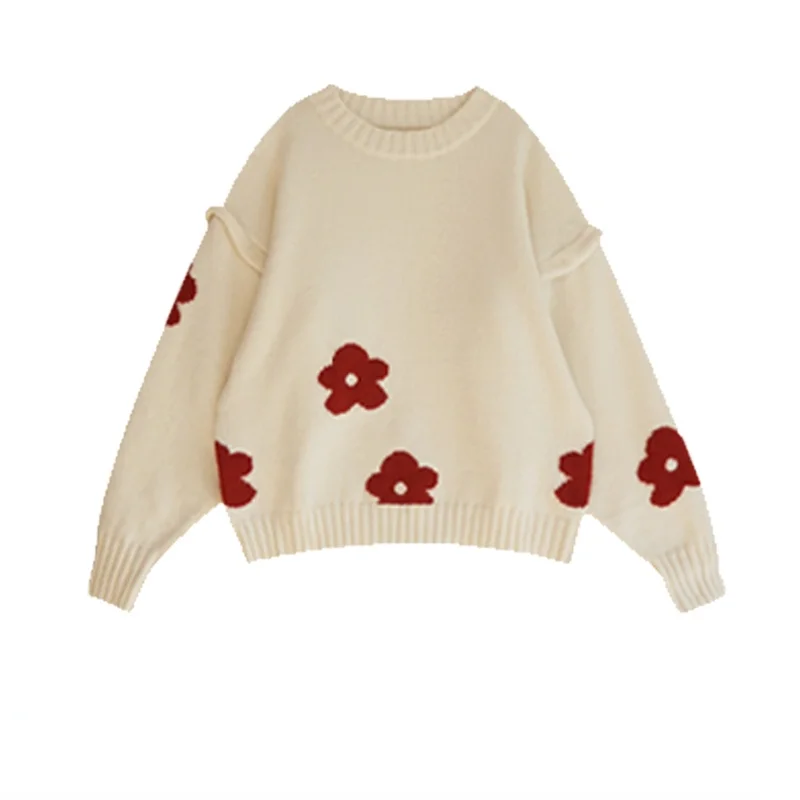 

Preppy Style Flower Knitted Women Sweater Pullovers Winter O-Neck Long-Sleeved Loose Elegant Female Pulls Outwear Tops