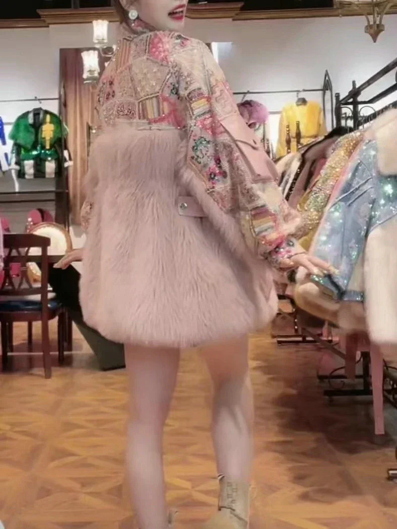 Fashionable Warm Fox Fur Jacket Sequined Woolen Cotton-Padded Coat for Women Winter Thickened Imitation Fur Socialite Fur Coat