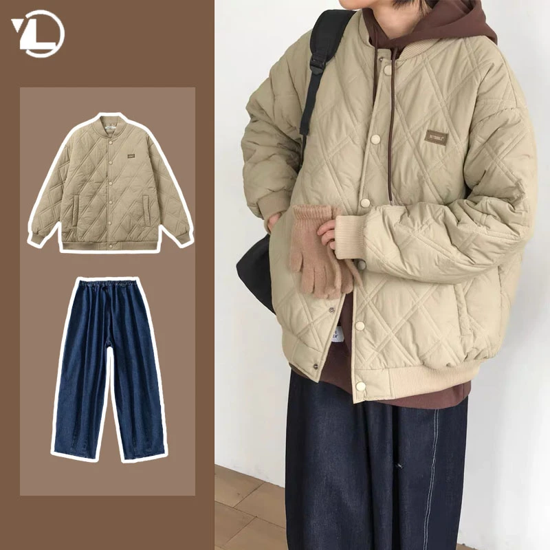 

Японские повседневные мужские комплекты, зимний унисекс двойной хлопковый костюм, ромбовидная сетчатая приталенная куртка + уличные брюки-карго, комплект 2023