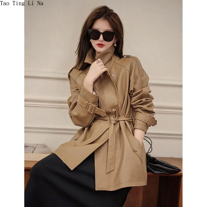 

2023 Women New Genuine Sheep Leather Windbreaker Long Real Leather Jacket W11