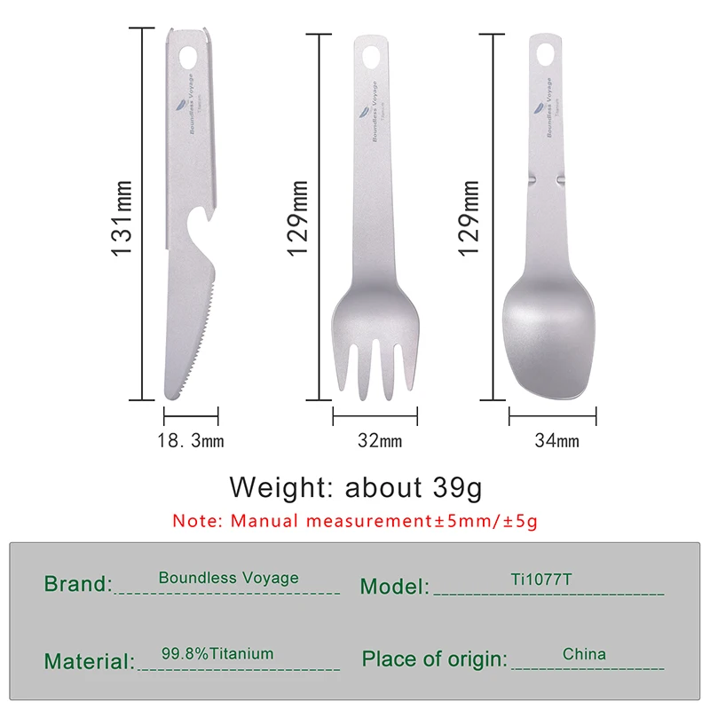 Boundless Voyage Titanium Cooking Set Spoon Fork Knife Lightweight Outdoor Camping Tableware Knife Fork Spoon Bottle Opener