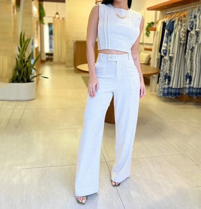 Set New 2023 Fashion Hot Selling Monochrome Round Neck Sleeveless Naked Short Top Casual Pants Set