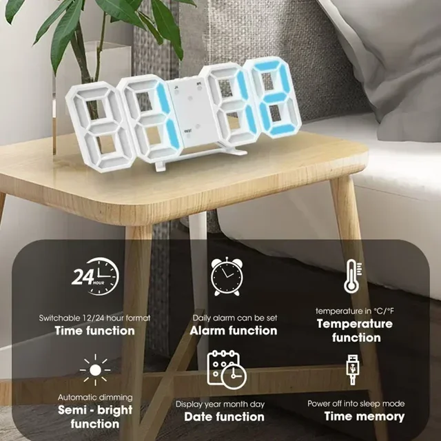 Sveglia digitale a LED 3D Orologio da parete Tempi Data Temperatura Adatto per la casa Orologio da cucina Decorazione Orologi Decor Garden 3