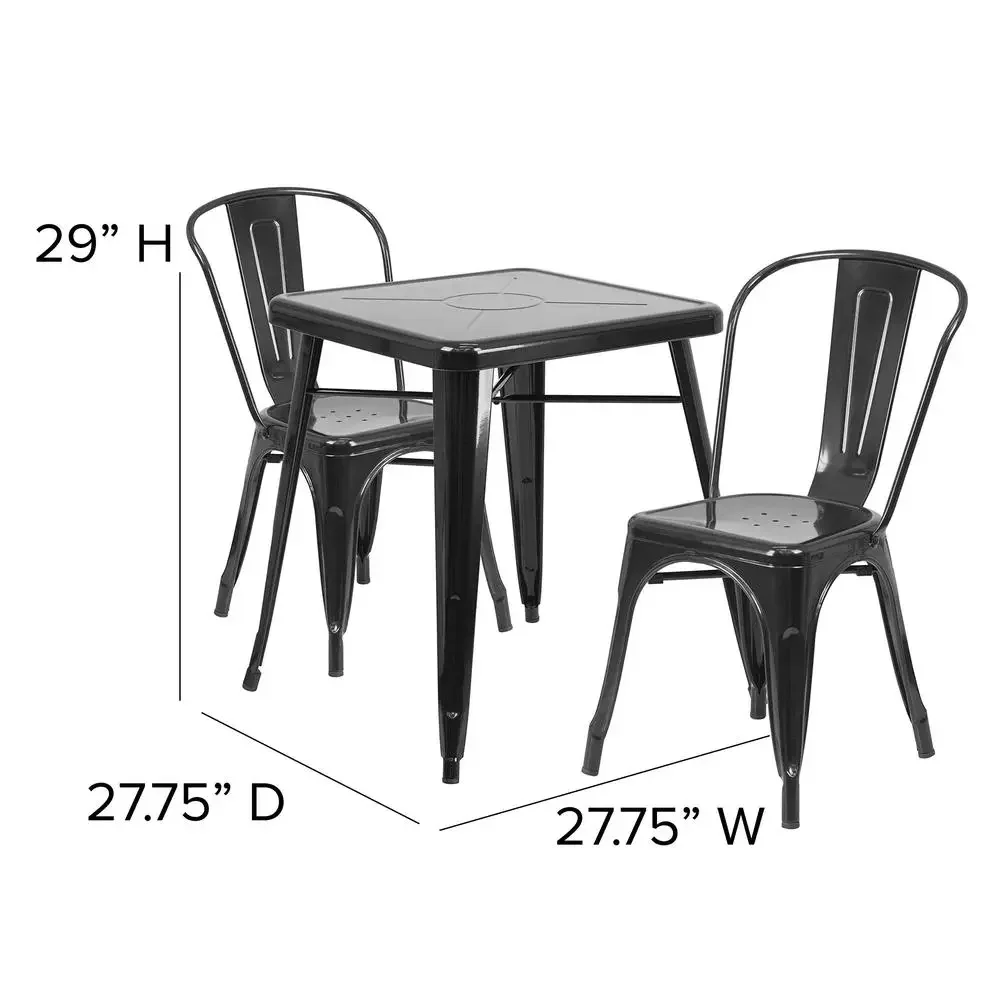 Commercial Grade Square Metal Dining Table Set with Stackable Chairs Indoor Outdoor Use Weather Resistant Heavy Duty Galvanized 4