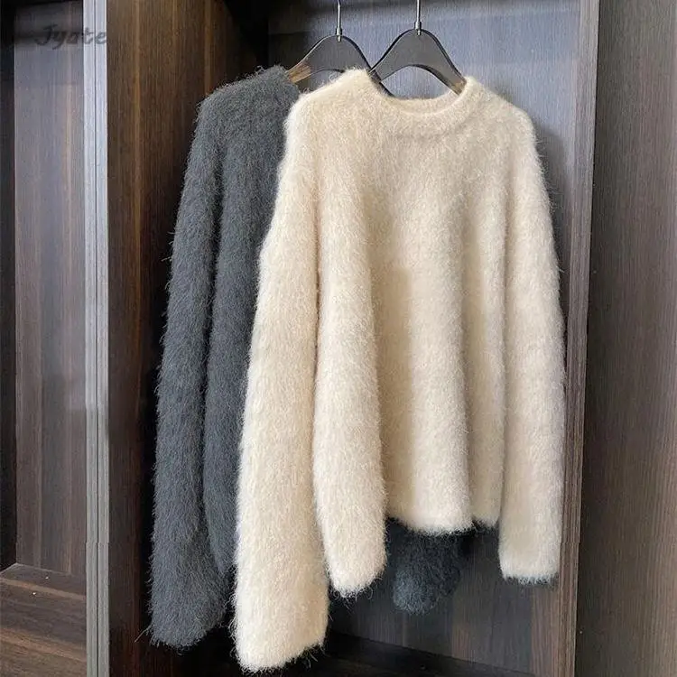 

Imitation Mink Winter Sweater Solid Color Casual Loose Knit Pullover Round Neck Thickened Women Mohair Knitwear 2023 New