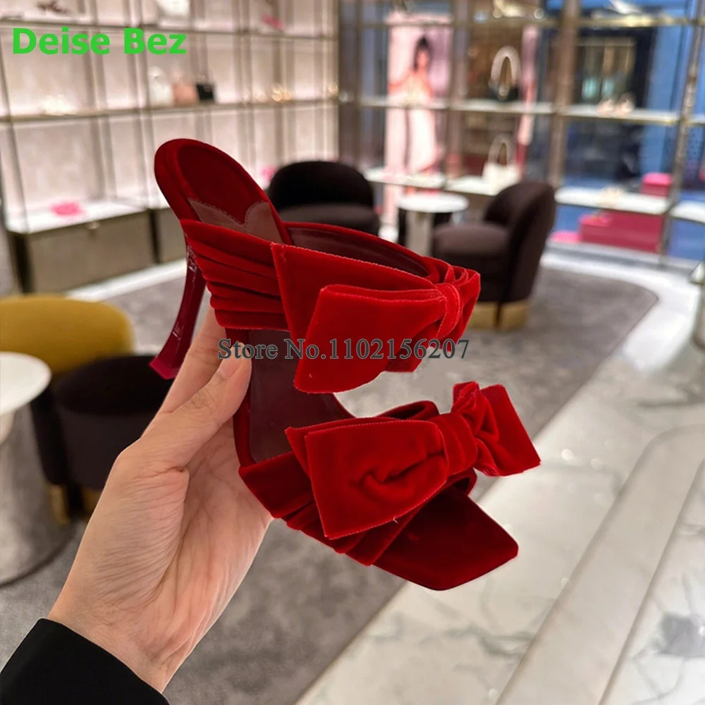 Satin Fabric Butterfly-knot Square Toe Slippers For Female Women 2023 New Thin High Heel Party Elegant Sexy Fashion Dress Shoes