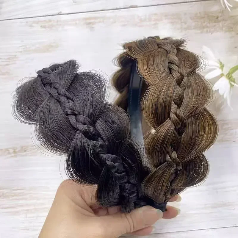 Handmade Retro Head Hoop Twist Headband Wide Fishbone Braids Hairband Wig for Women Styling Accessories
