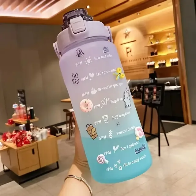 2L Colorful Frosted Water Bottle With Straw And Cute Sticker Kawaii Motivational Time Marker Sport Workout Portable Drinking Cup 5