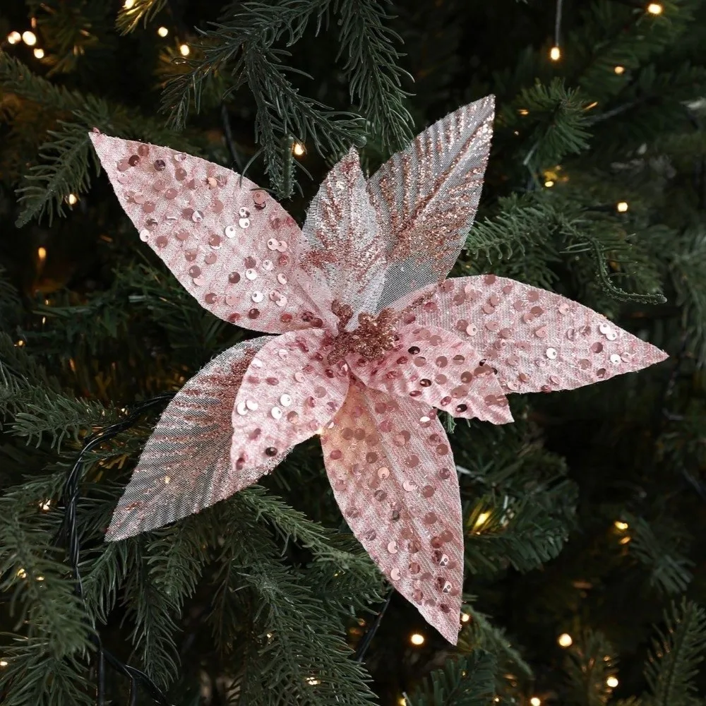 25cm Christmas Artificial Flowers Sequin Mesh Handmade Simulation Glitter Flower Hanging Decorative Xmas Tree Ornaments
