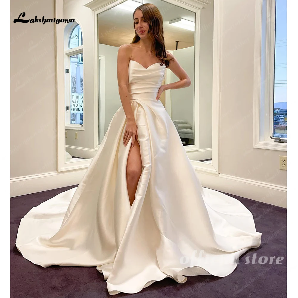Elegant Pleat A Line Wedding Dresses White Side Slit Vestido De Noiva Sweetheart Women Satin Bridal Dresses Wedding Gown