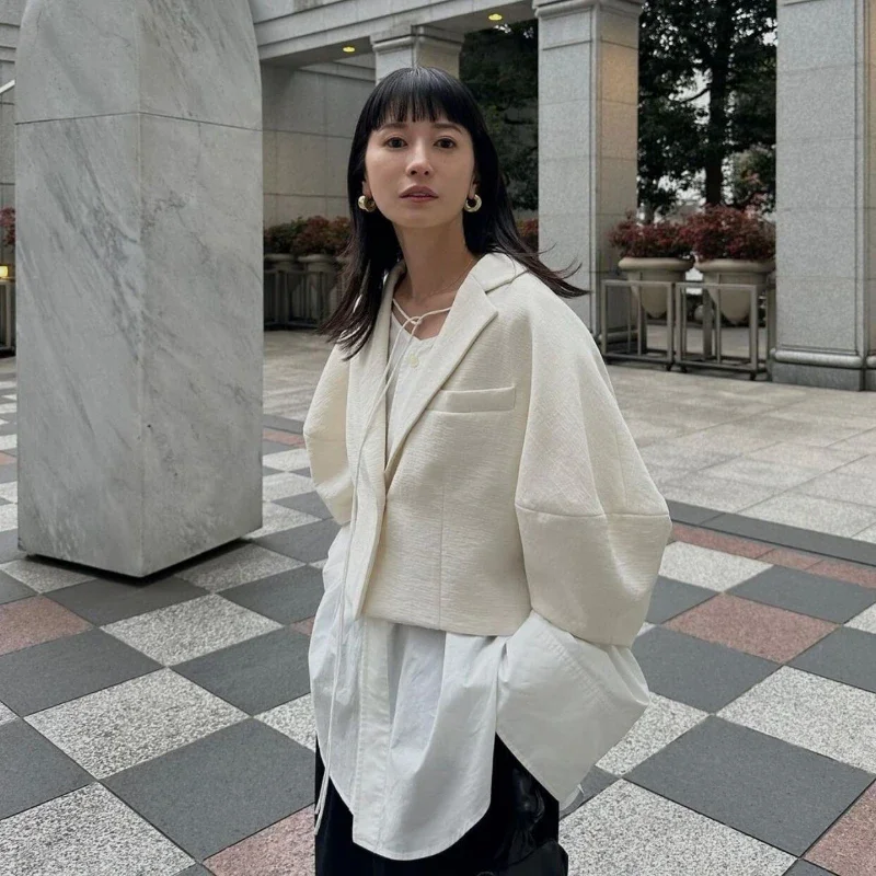 

Женский короткий пиджак с рукавами-фонариками, повседневный короткий пиджак с отложным воротником, весна-лето 2023