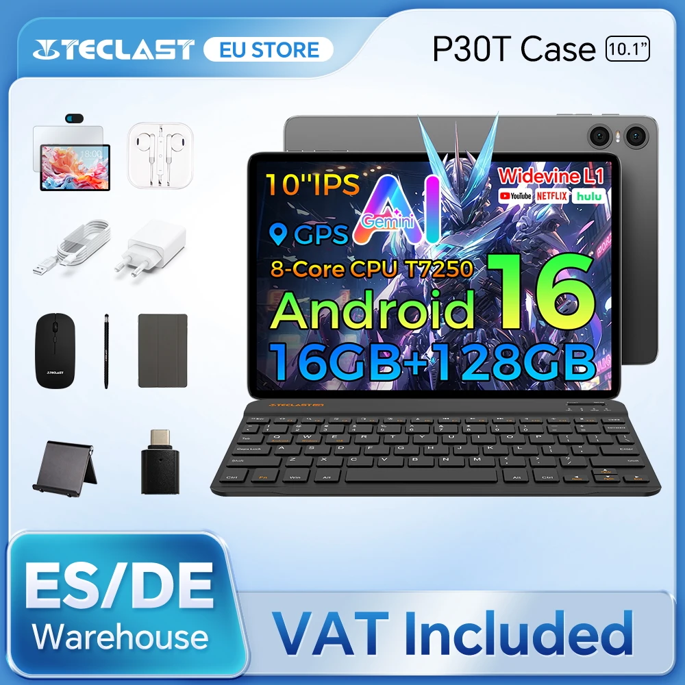 Étui pour tablette Teclast P30T 10,1 pouces Ai Gemini Android 16 16 Go (3 Go + 13 Go d'extension) RAM 128 Go ROM T7250 8 cœurs Clavier/étui/souris/stylet/écouteurs/support de tablette tout-en-un