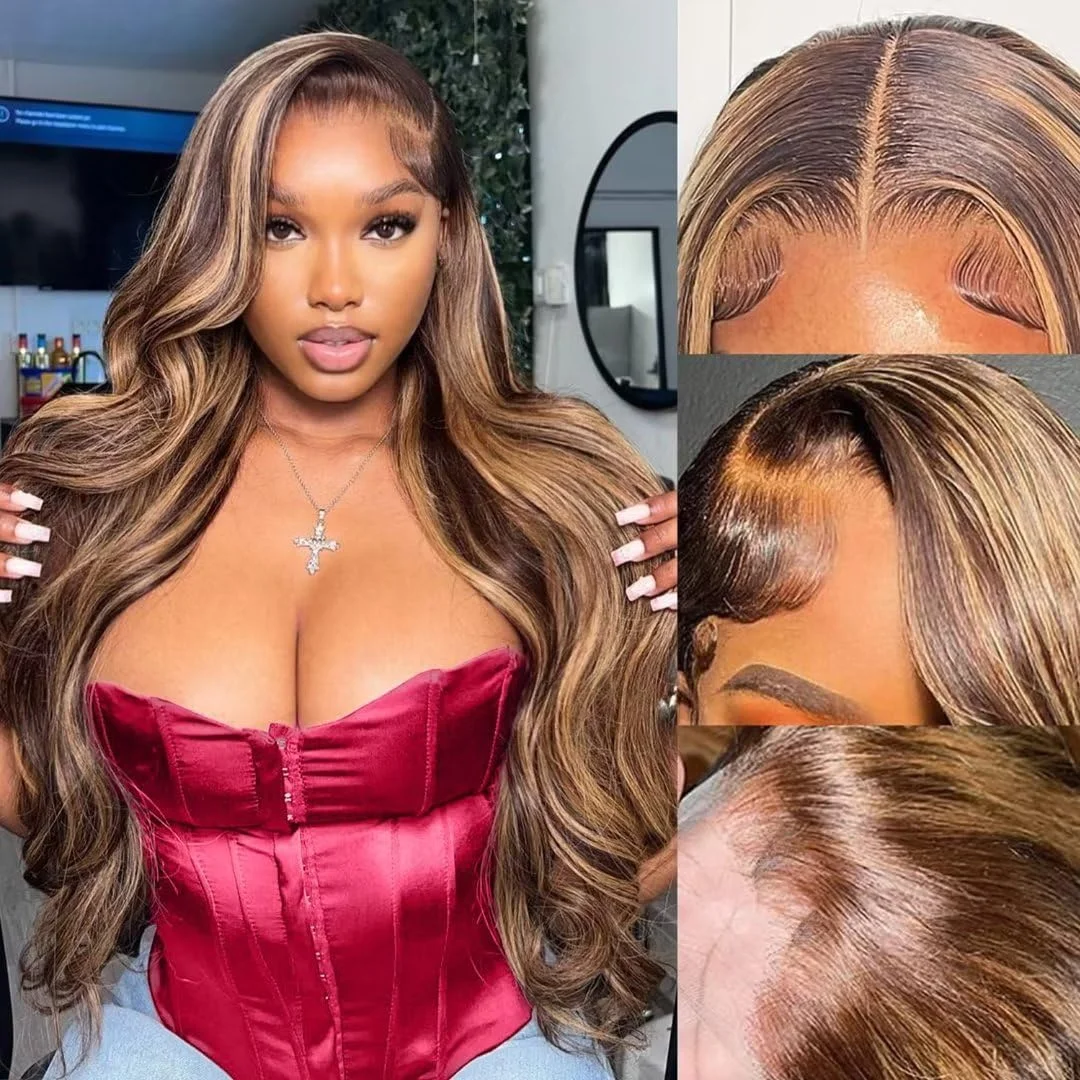 

Highlight Ombre Lace Front Wigs Human Hair 4/27 Honey Blonde 13x4 Body Wave HD Transparent Lace Frontal Wig Brazilian PrePlucked