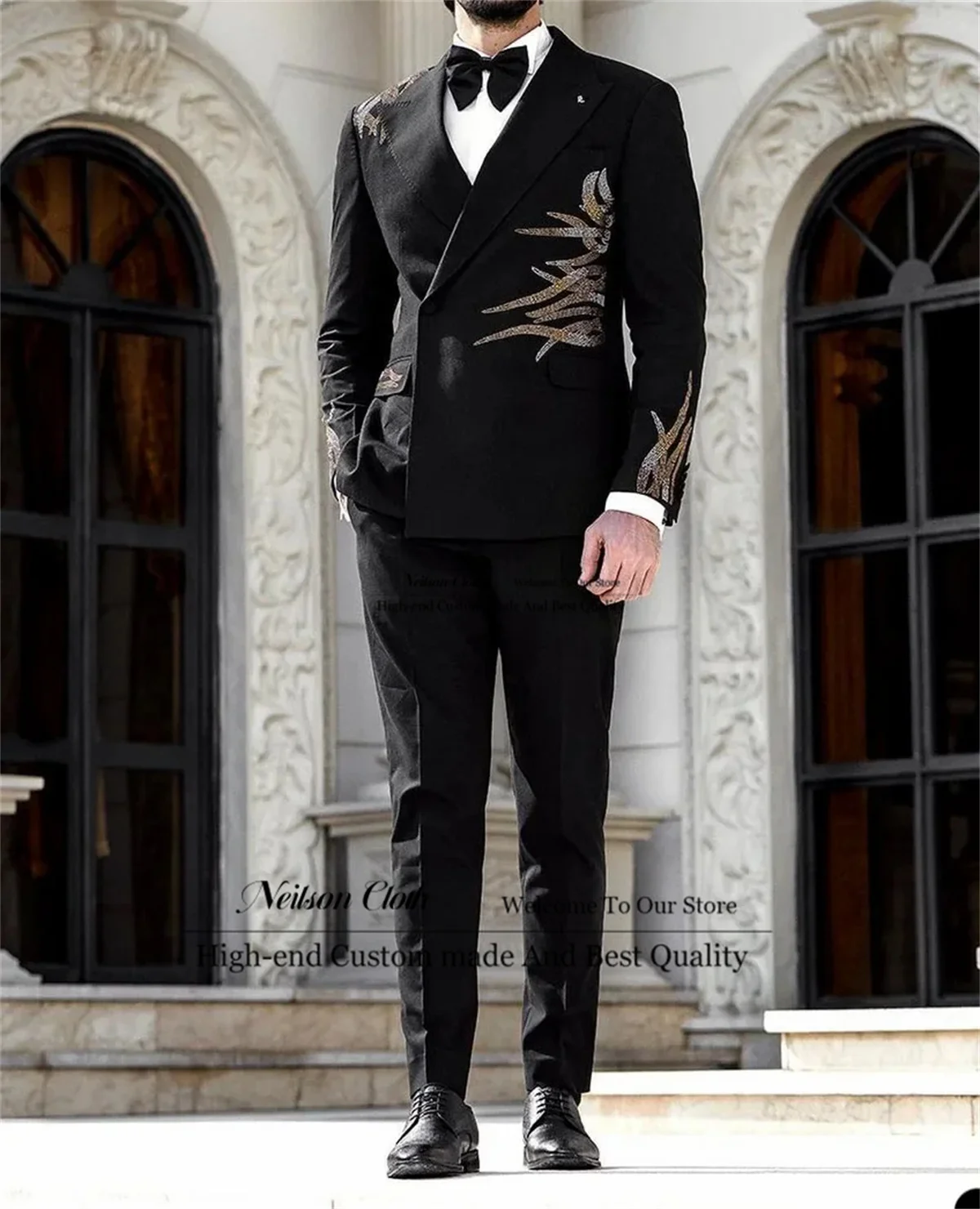 

Fashion Black Beaded Male Prom Blazers 2 Pieces Jacket Pants Sets Groom Wedding Tuxedos Luxury Slim Fit Office Costume Homme