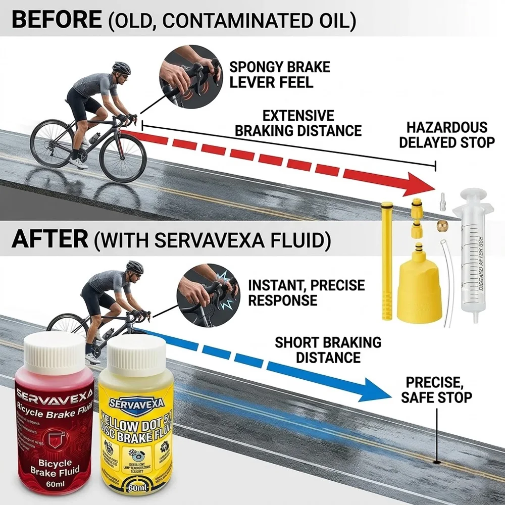 SERVAVEXA 유압식 디스크 브레이크 블리딩 키트(60ml 미네랄 오일 및 DOT 5.1 포함), 전문 MTB 및 로드 바이크 수리 세트