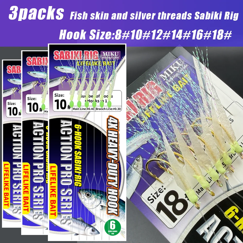 3 packs de sabiki rig avec paillettes argentées et perles lumineuses - Leurre efficace pour pêche en mer