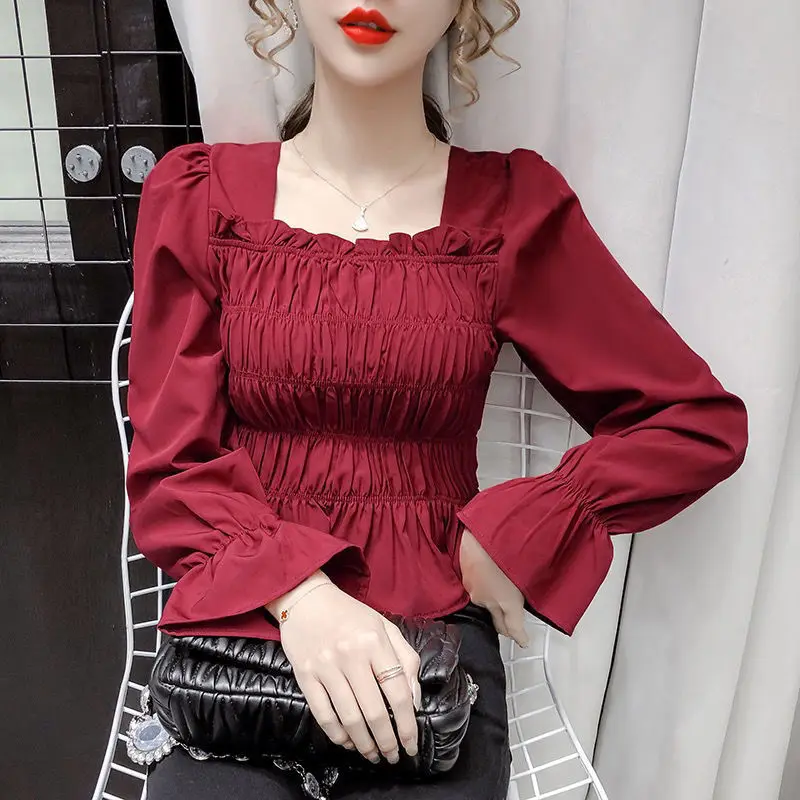 silk blouses Women Blouses Pleated Front Solid Flare Sleeve Square Collar Harajuku Retro Elegant Korean Style Fashion Fit Female Tops Simple blouses & shirts Blouses & Shirts