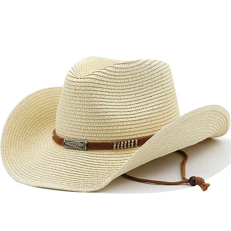  - Classic Strap Straw Hats Cowboy Hat Men Women Retro Western Cowboy Riding Hat Adjustable Unisex Wide Brim Hat