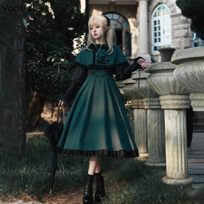 Lolita Cosplay Costumes Vintage Lolita OP Dress Women Elegant Gothic Magic School Cloak Long Sleeve Party 2 Piece Set Girls Sweet Halloween