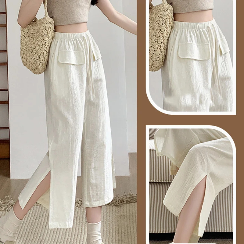 New Women Cotton Pants Casual Wide Leg Elastic Waist Loose style Female Trousers Spring Summer Women Calf-Length Pants