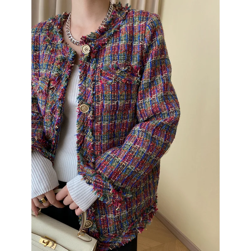 Women French Red Plaid Tweed Coat High Quality Vintage Korean Fashion Tassels Loose Casual Elegant Office Small Fragrance Jacket