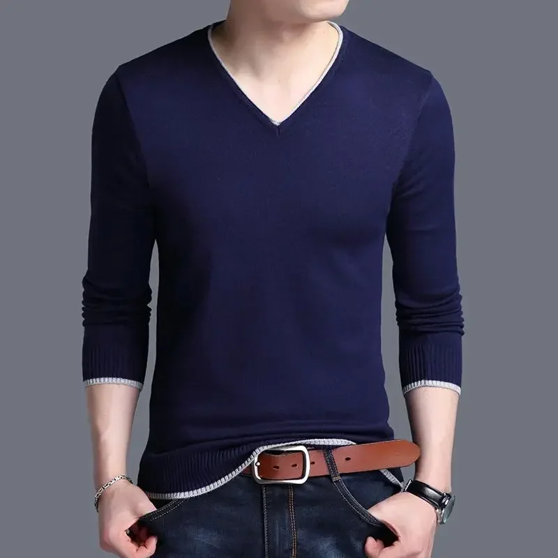 

Knitted Sweaters for Men Blue Solid Color Man Clothes V Neck Slim Fit Pullovers Plain High Quality Replica Over Knit Cheap Tops