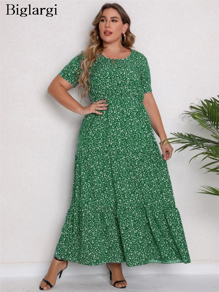 

Платье женское длинное с цветочным принтом, свободное Плиссированное модное повседневное с коротким рукавом, с оборками, большие размеры, на лето