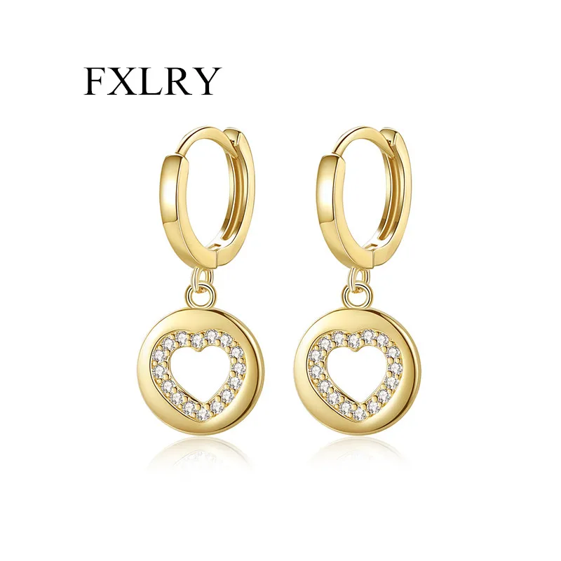 

FXLRY евро-американские классические висячие серьги-кольца золотого цвета с фианитами в форме сердца женские ювелирные изделия