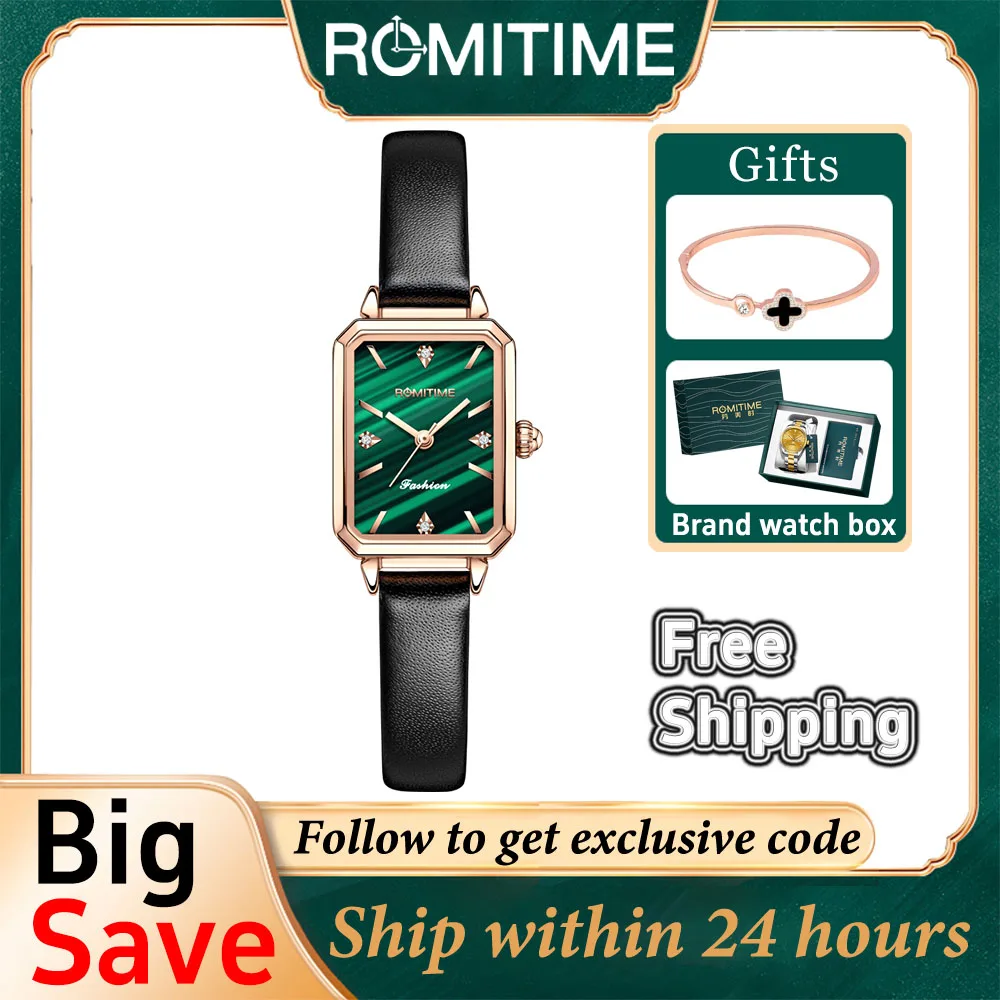 

ROMITIME Top Luxury Brand Womens Fashion Quartz Wristwatches Square Green Ladies Watch Waterproof Diamond Watches for Women