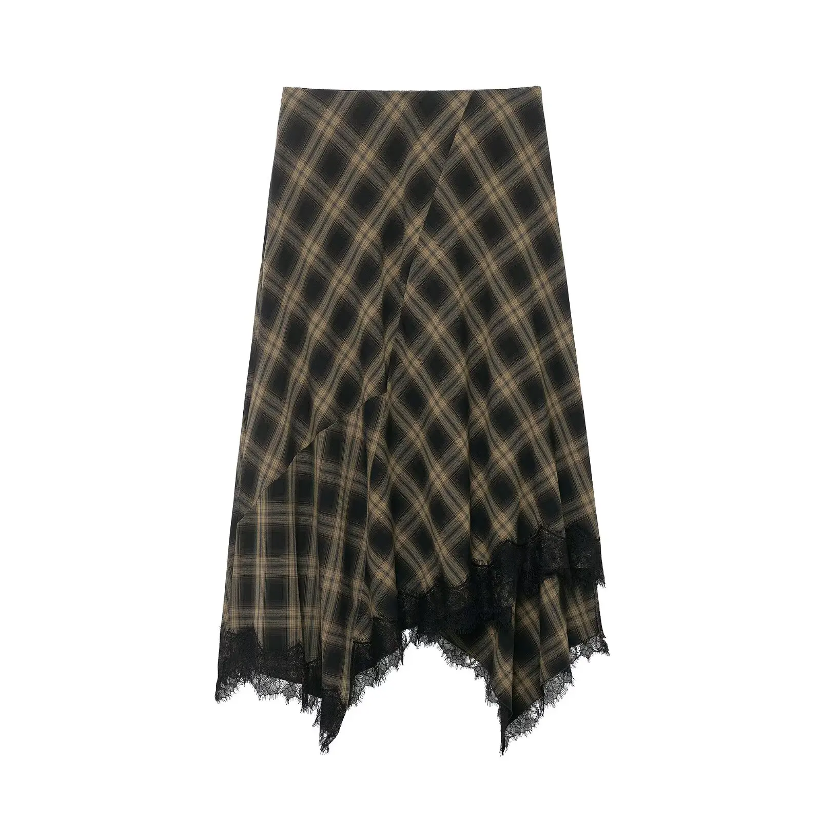 Women Vintage Plaid Skirt Fashion Lace Splice Elegant Midi Skirts Casual Street Skirt Asymmetry Ruched Female New Skirts