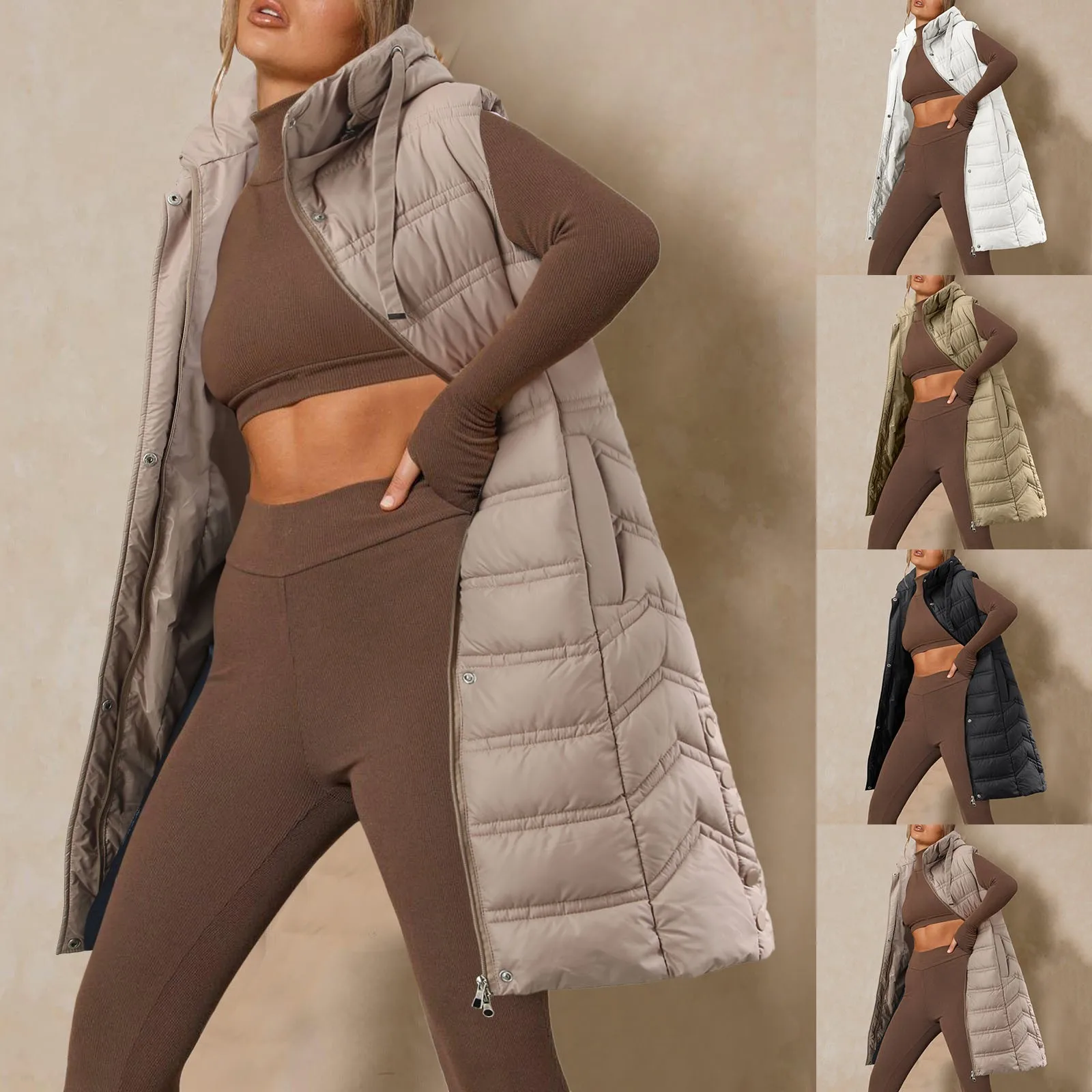 

Women Long Winter Down Vest With Hood Sleeveless Warm Down Jacket Pockets Outdoor Waistcoat Outdoor Streetwear Zip Up Overcoats