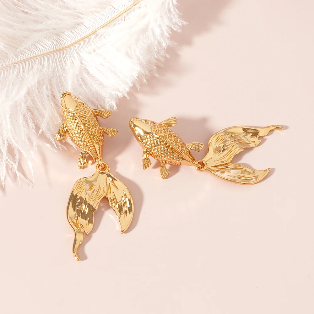 Stainless Steel Goldfish Earrings Chunky Design Unique Gold Color