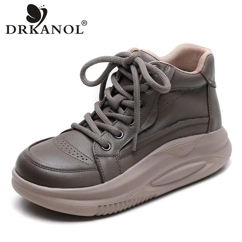 

DRKANOL Chunky Platform Ankle Boots For Women High Top Casual Shoes Sneakers Genuine Leather Lace-Up Thick Bottom Short Boots