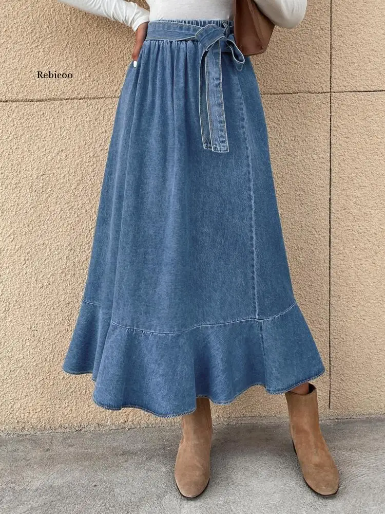 

Ruffle Hem Belted Denim Skirt Summer Casual Retro Blue Jean Skirts High Waist Loose Hem Girlish Denim Skirts Patchwork