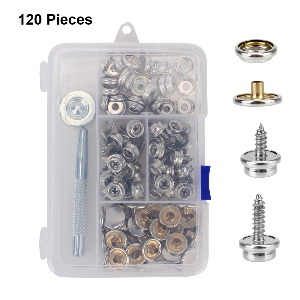

120-Pieces for Canvas and Upholstery Marine Hardware Marine Grade Metal Screws Snaps Boat Cover Snap Button Fastener Kit
