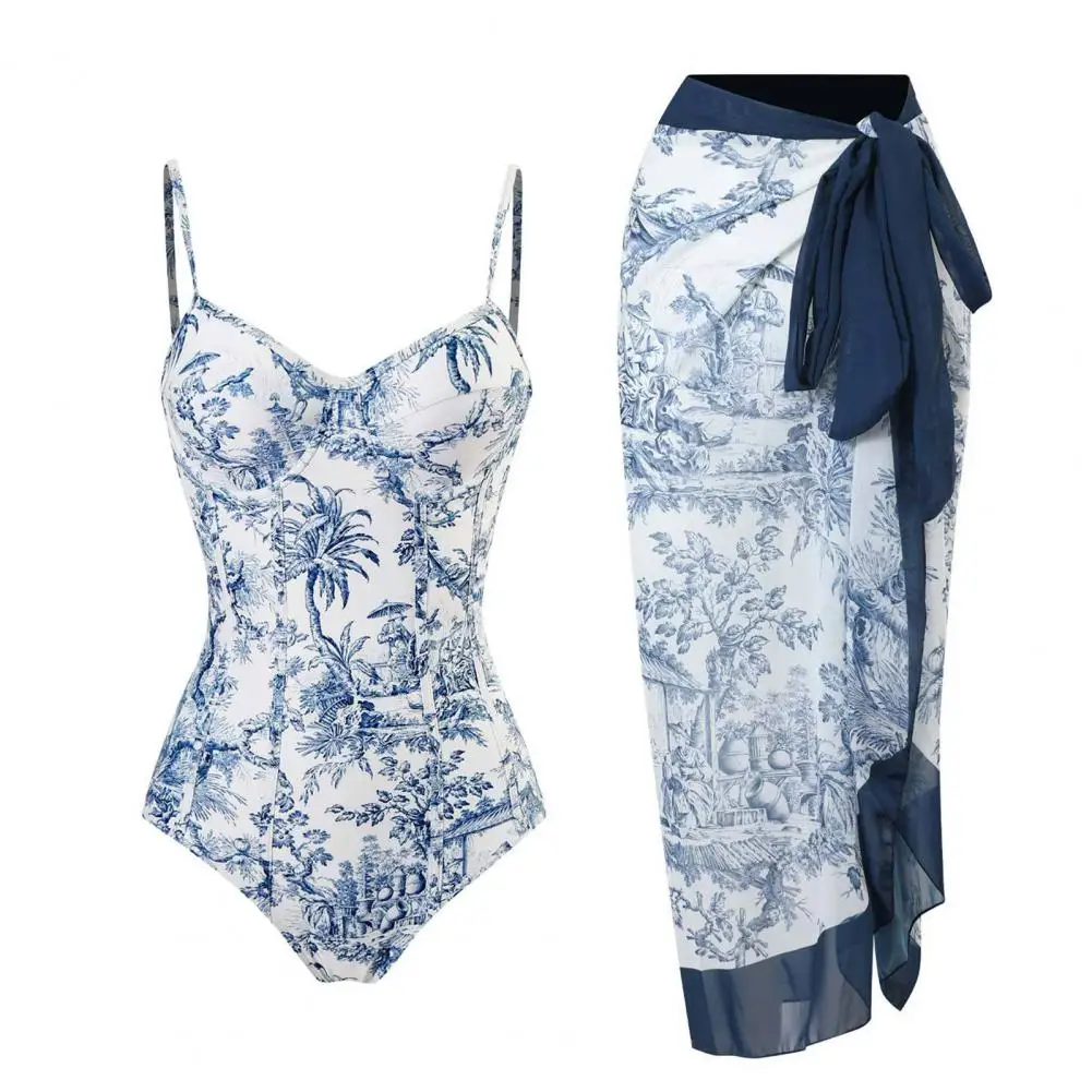 Swimsuit Cover Up Set Floral Printed Women's Bikini Set with Lace-up Cover Up Ruffle Bandage Swimwear 2pcs/set Sexy for Beach
