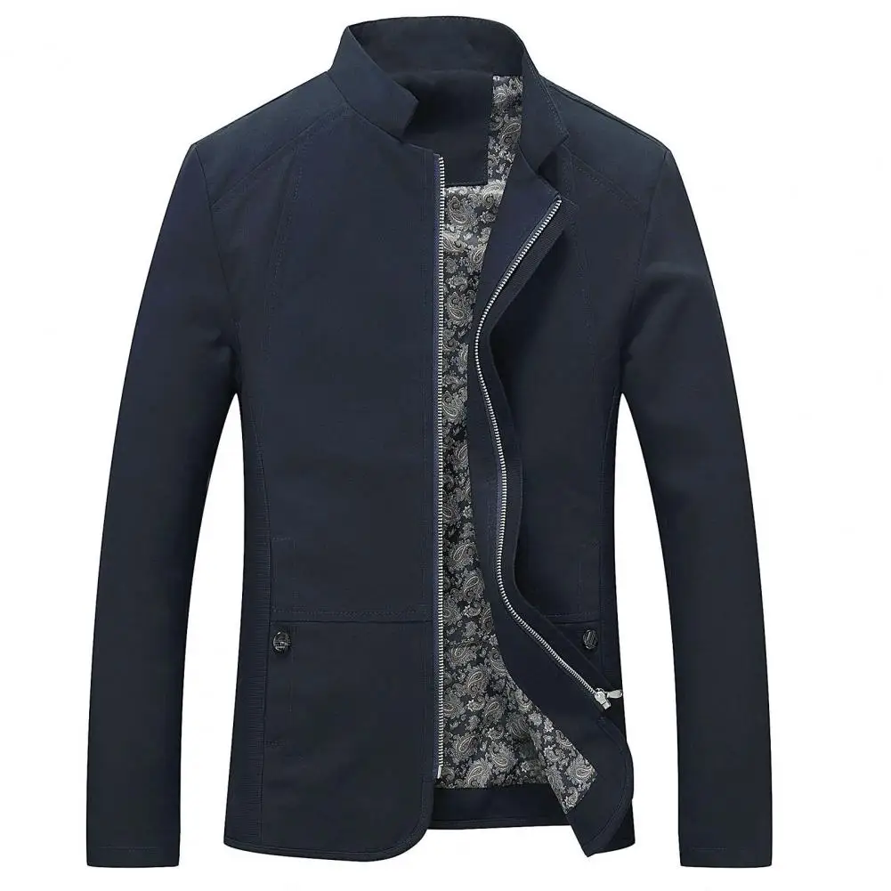 Homens Casual Cor Sólida Stand Collar Zipper Bolso Fino Casaco Blazer Slim Men Moda Marca Blazer Jaqueta de Negócios jacket