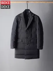 Business Casual New 2023 Winter Mens Down Coat Thick Warm Lapel Middle Long Suit Jacket Single Breasted Fashion Overcoat Male
