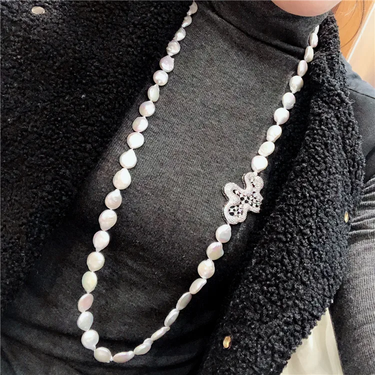 Hand knotted natural 11-12mm white button shaped pearl micro inlay zircon necklace fashion jewelry