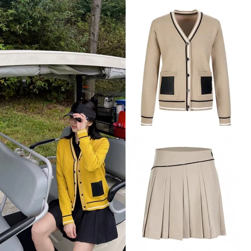 

Women's Golf Korean Clothing Knitted Cardigan 23 Autumn New Versatile College Style Slim Pleated Short Skirt Pants Set