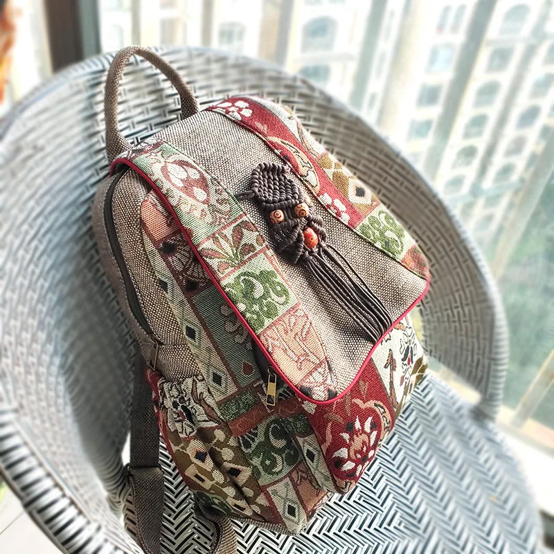 National Original Ethnic Style Printed Cotton Linen Backpack For Women Handmade Woven Leisure Tourism Retro Girl's Backpacks 5