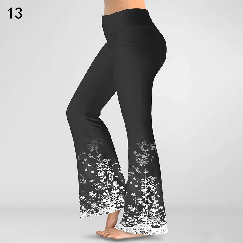 Plus Size Casual Stretch Flare Pants Women Retro Fashion Print Slim Bell Bottoms High Waist Workout Fitness Yoga Trousers