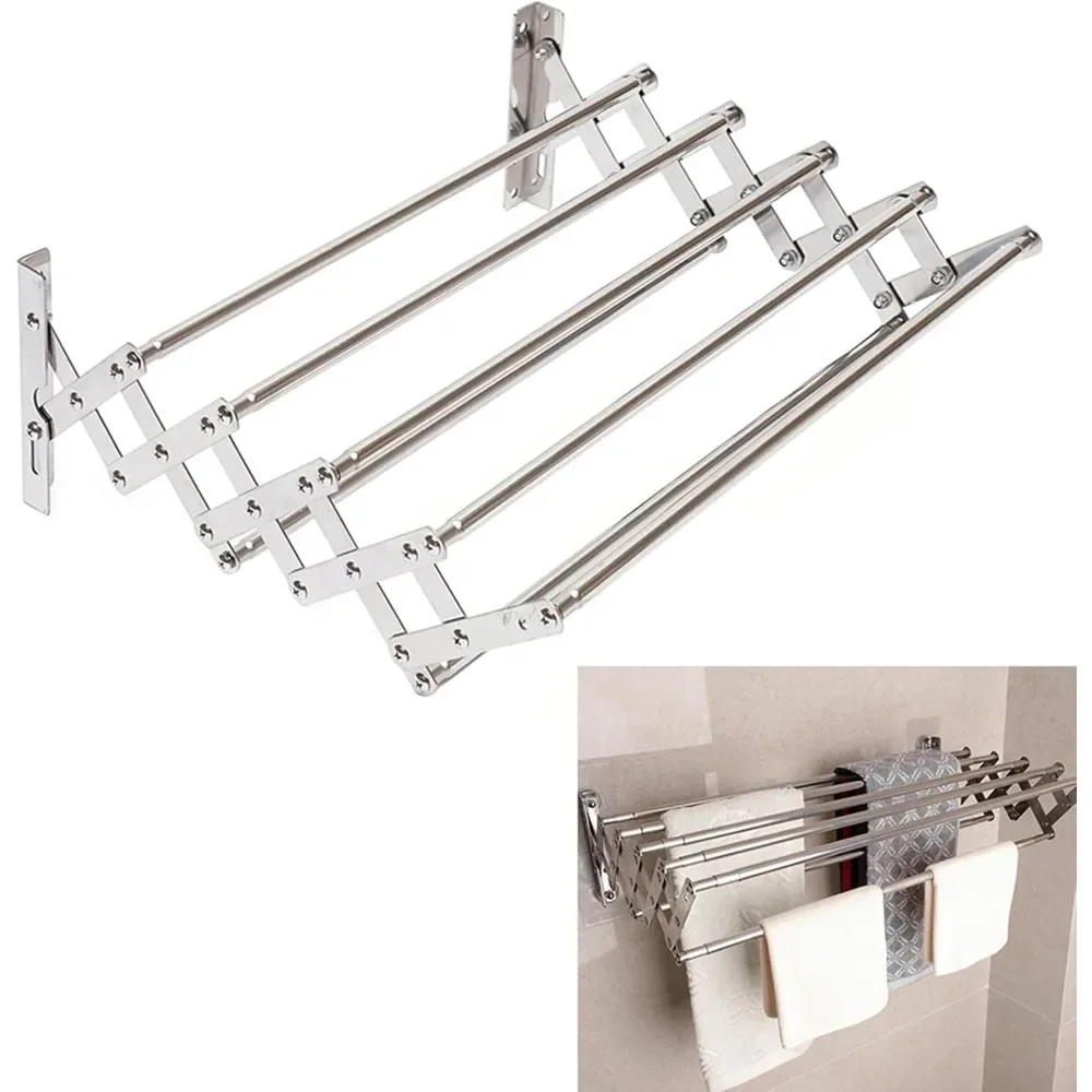 Drying Rack Wall Mounted Stainless Steel Wall Dryer Foldable Drying Rack with 5-Rods Metal Towel for Bathroom