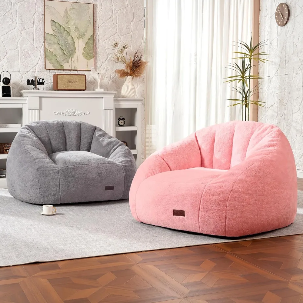 Giant Faux Fur Bean Bag Chair with Ottoman, Shell-Shaped Lounge Sofa for Living Room Bedroom, Pink